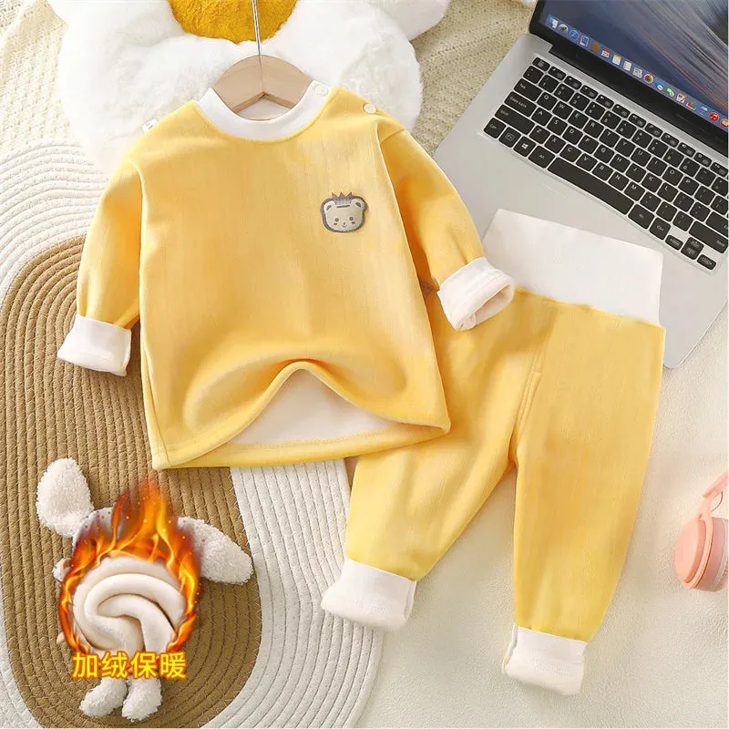 Children's Thermal Underwear Set Clothes Autumn Winter Baby Thickened Suit Boy Girl Plus Velvet Top Pants 2Pcs Outfits Clothing