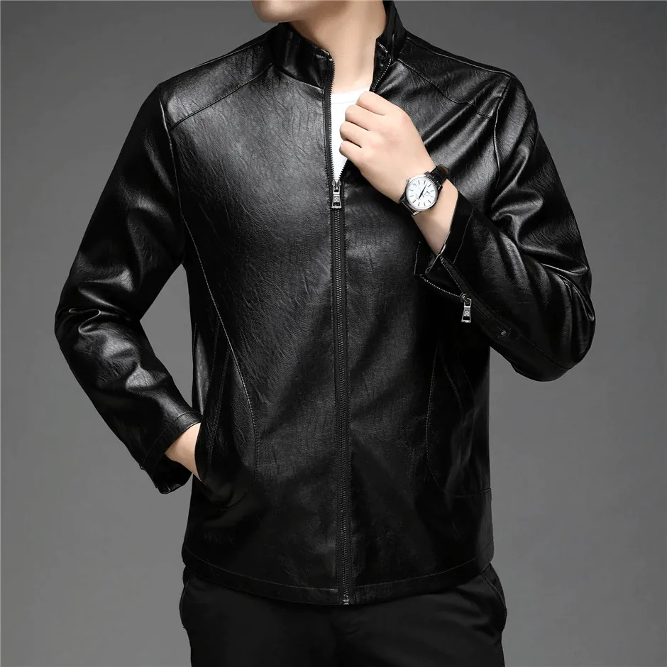 CLEARANCE / Faux Leather Minimalistic Zip-up Jacket with Stand Collar - US