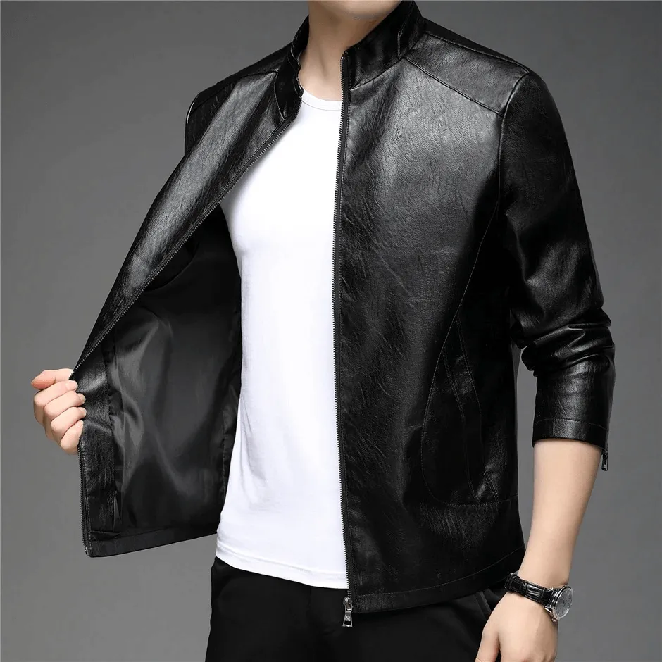 CLEARANCE / Faux Leather Minimalistic Zip-up Jacket with Stand Collar - US