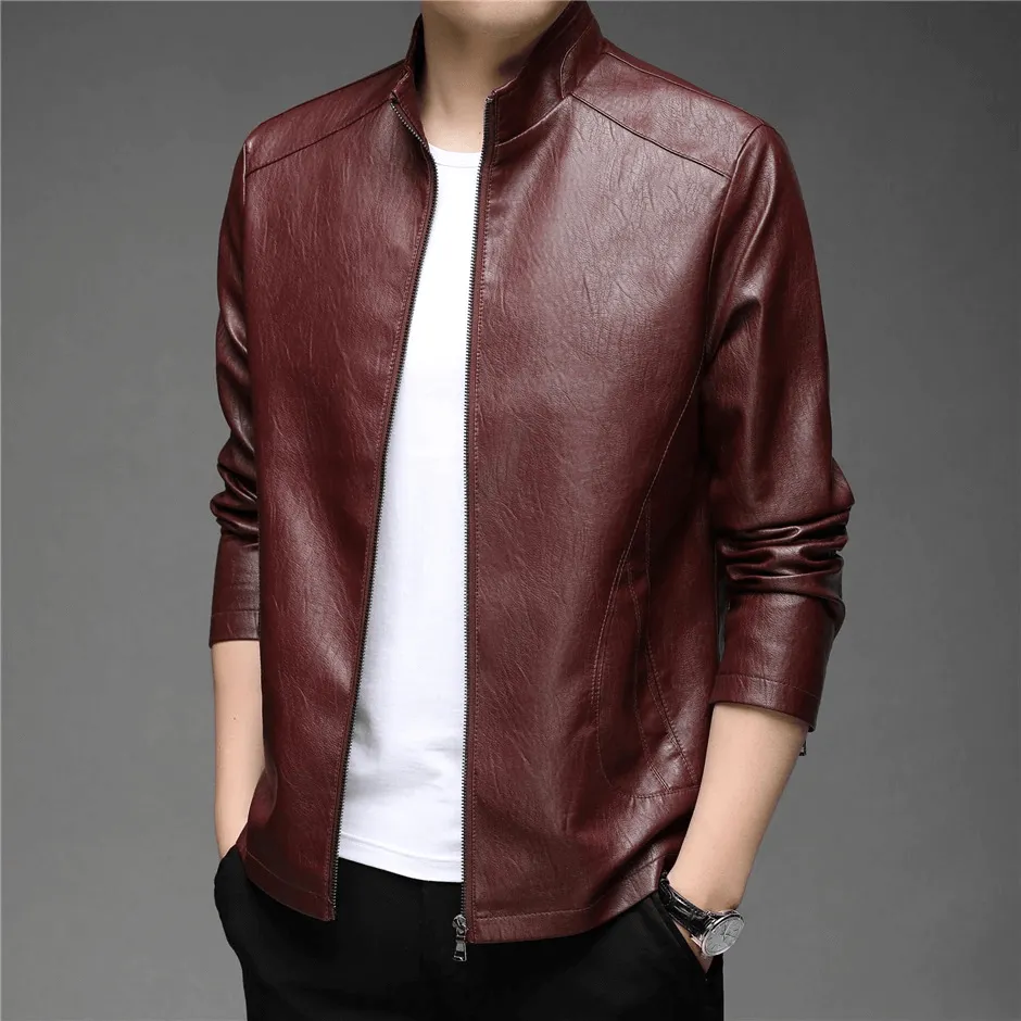 CLEARANCE / Faux Leather Minimalistic Zip-up Jacket with Stand Collar - US