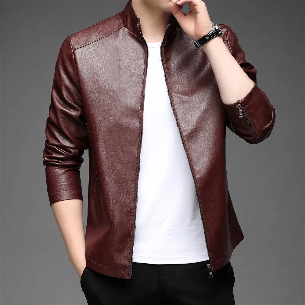 CLEARANCE / Faux Leather Minimalistic Zip-up Jacket with Stand Collar - US