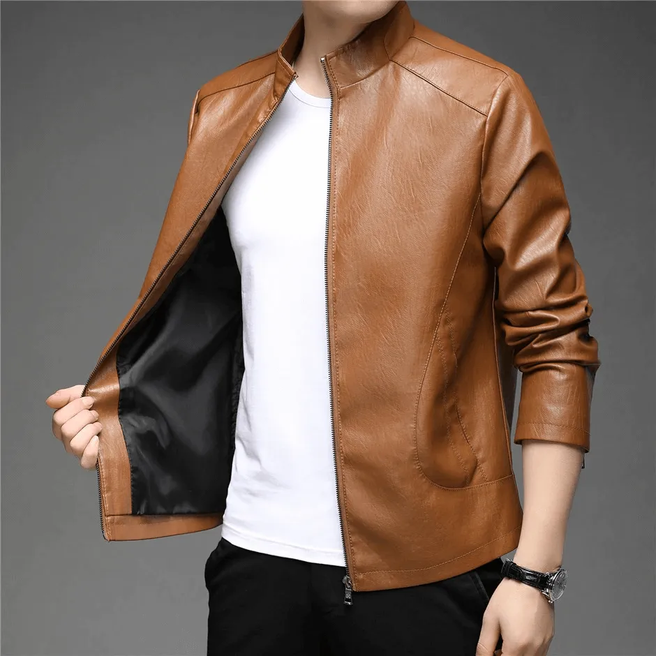 CLEARANCE / Faux Leather Minimalistic Zip-up Jacket with Stand Collar - US