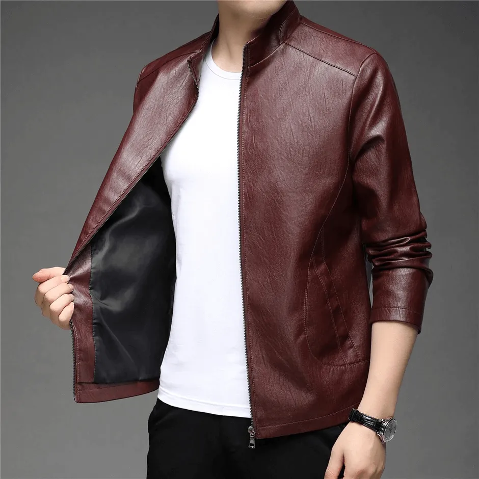 CLEARANCE / Faux Leather Minimalistic Zip-up Jacket with Stand Collar - US