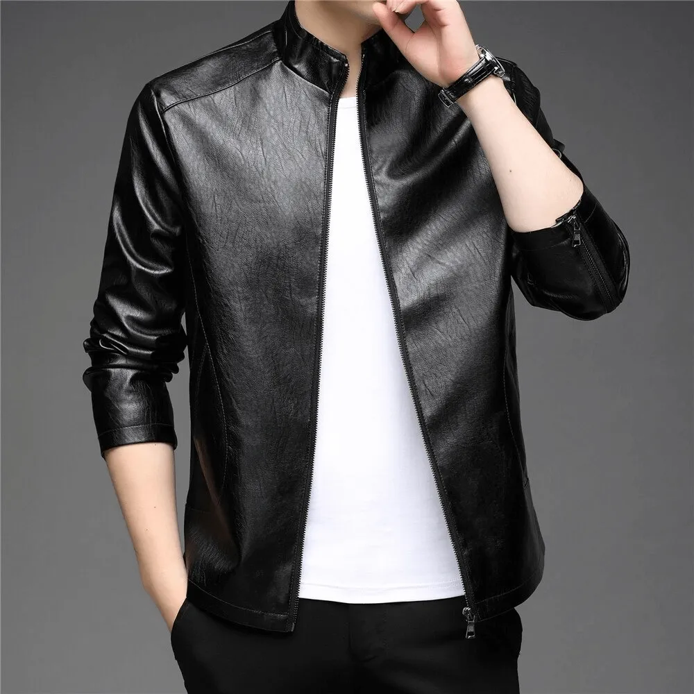 CLEARANCE / Faux Leather Minimalistic Zip-up Jacket with Stand Collar - US