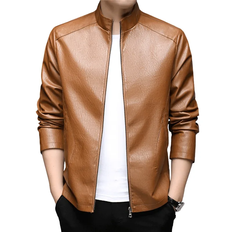 CLEARANCE / Faux Leather Minimalistic Zip-up Jacket with Stand Collar - US