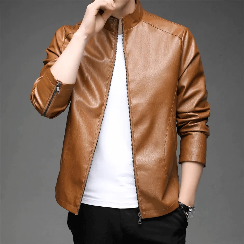 CLEARANCE / Faux Leather Minimalistic Zip-up Jacket with Stand Collar - US