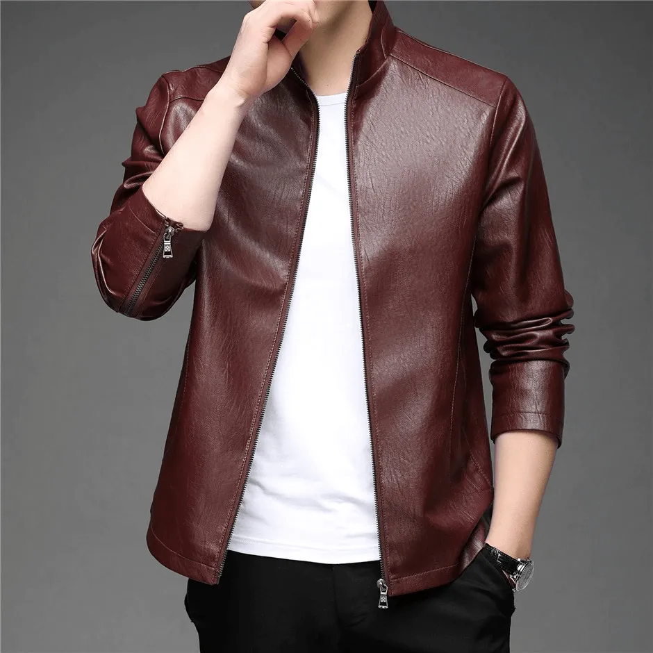 CLEARANCE / Faux Leather Minimalistic Zip-up Jacket with Stand Collar - US