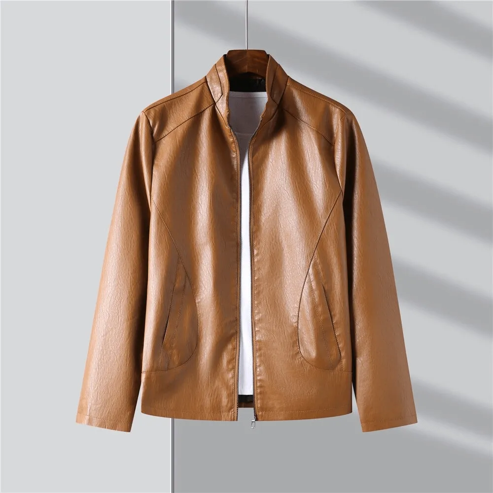 CLEARANCE / Faux Leather Minimalistic Zip-up Jacket with Stand Collar - US