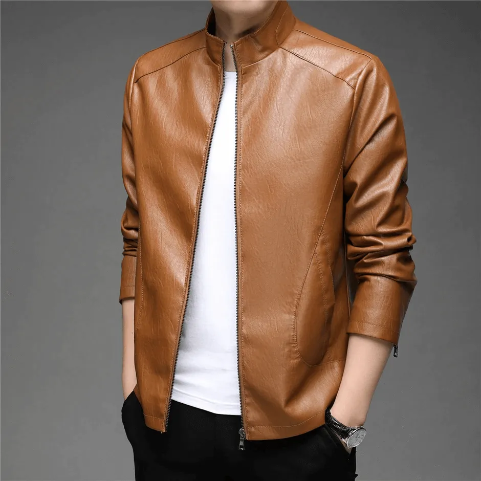 CLEARANCE / Faux Leather Minimalistic Zip-up Jacket with Stand Collar - US