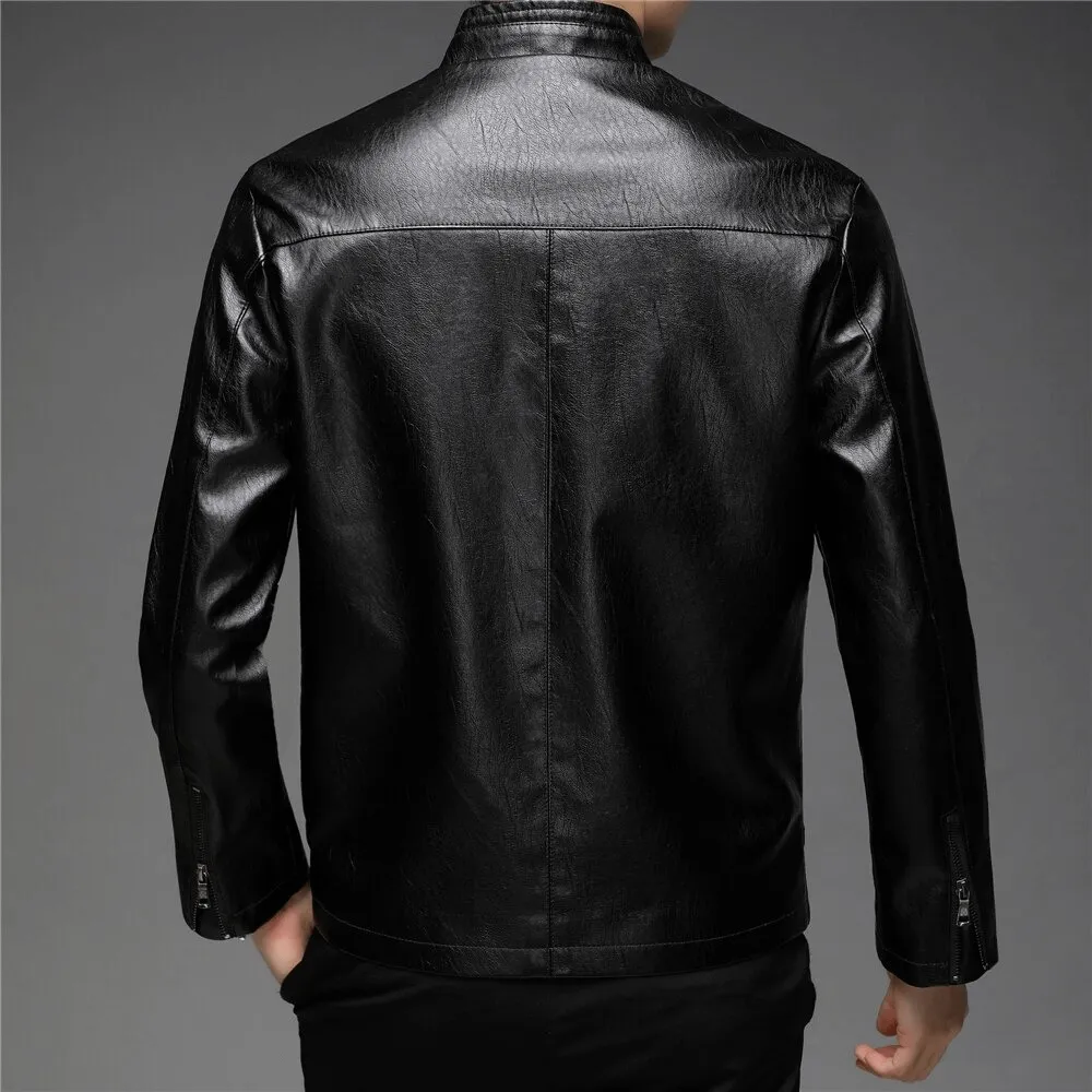 CLEARANCE / Faux Leather Minimalistic Zip-up Jacket with Stand Collar - US