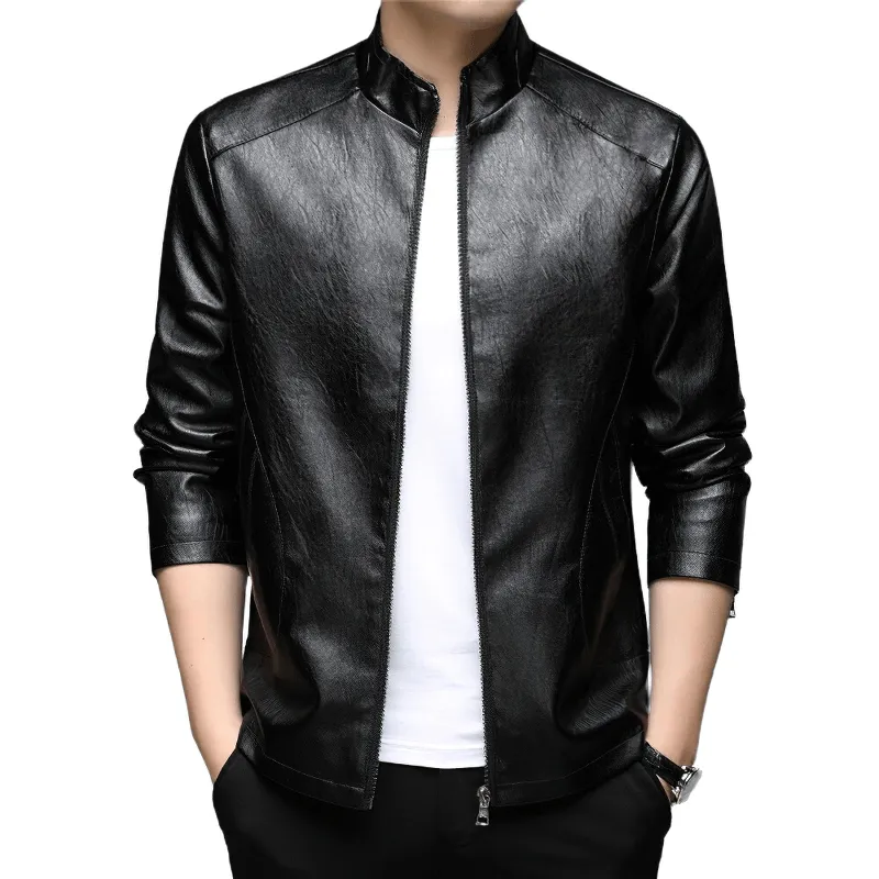 CLEARANCE / Faux Leather Minimalistic Zip-up Jacket with Stand Collar - US