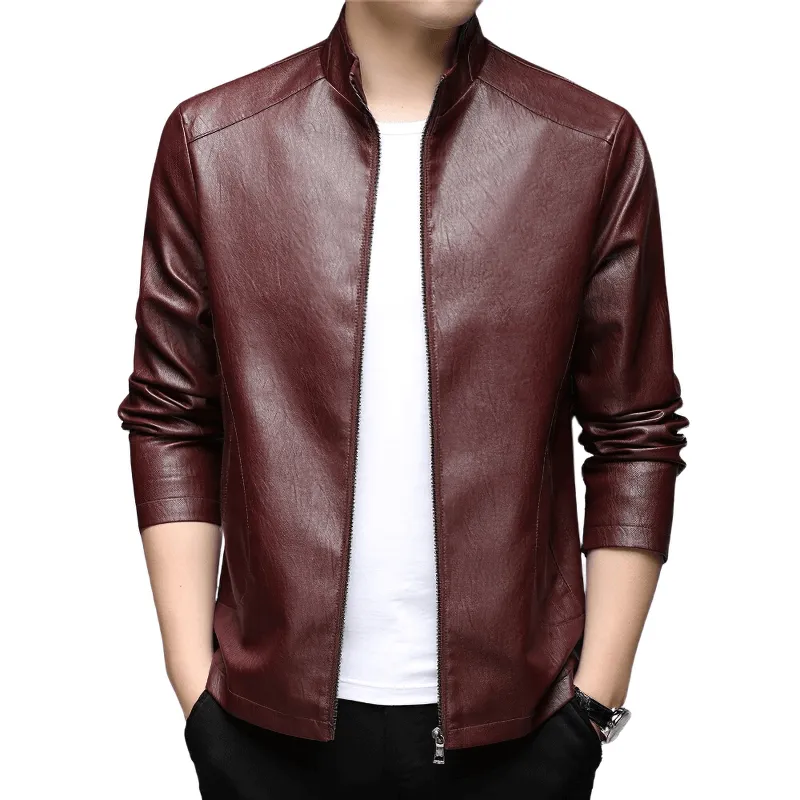 CLEARANCE / Faux Leather Minimalistic Zip-up Jacket with Stand Collar - US