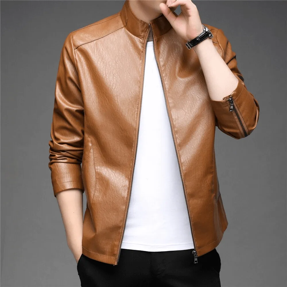 CLEARANCE / Faux Leather Minimalistic Zip-up Jacket with Stand Collar - US