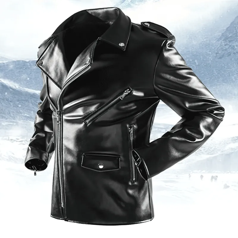 Cool Black Faux Leather Jackets / Zipper Long Sleeves Biker Jacket for Men