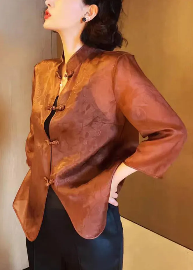 Elegant Brown Stand Collar Button Print Silk Blouses Summer QA1070