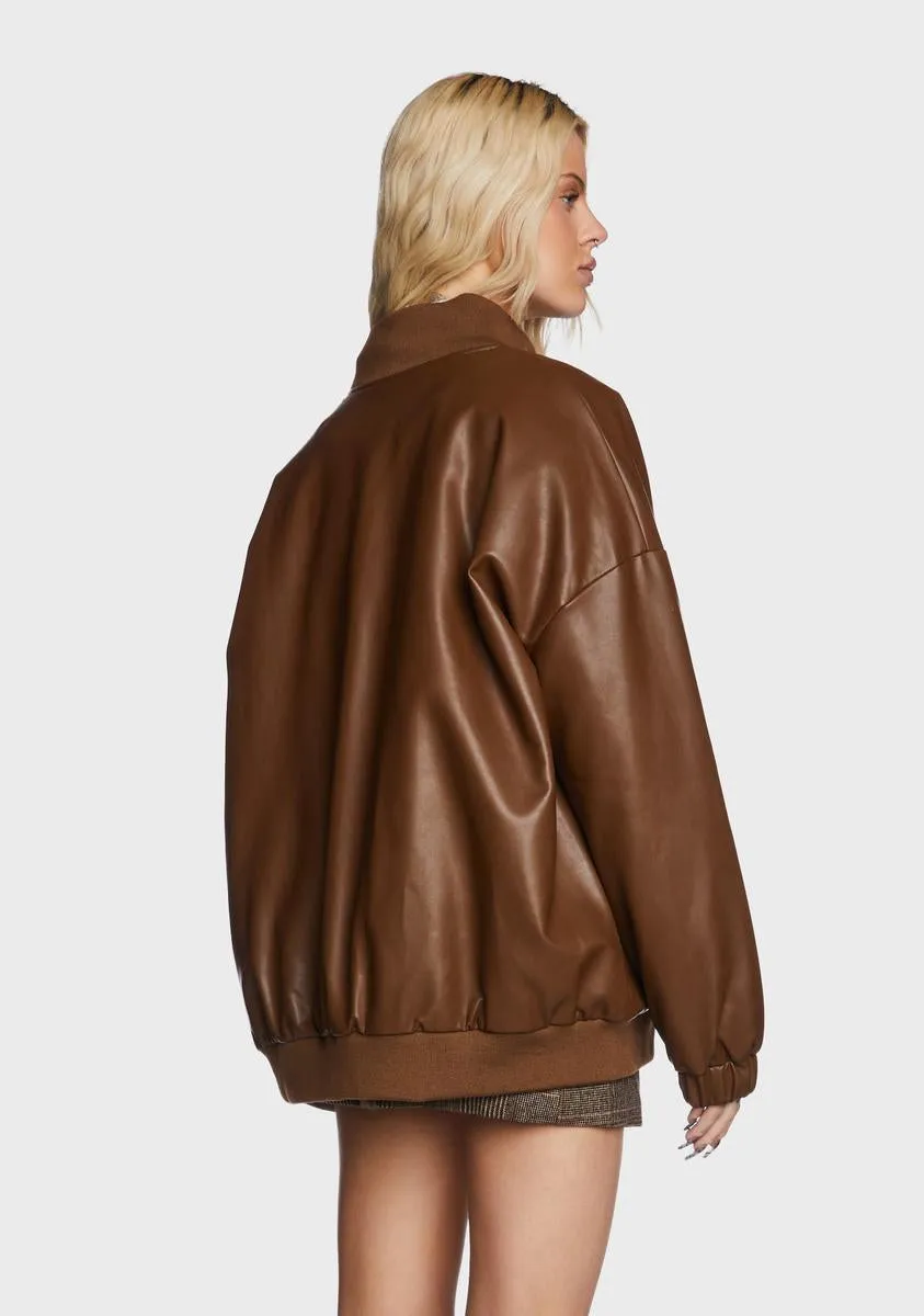 Faux Leather Oversized Bomber Jacket - Brown