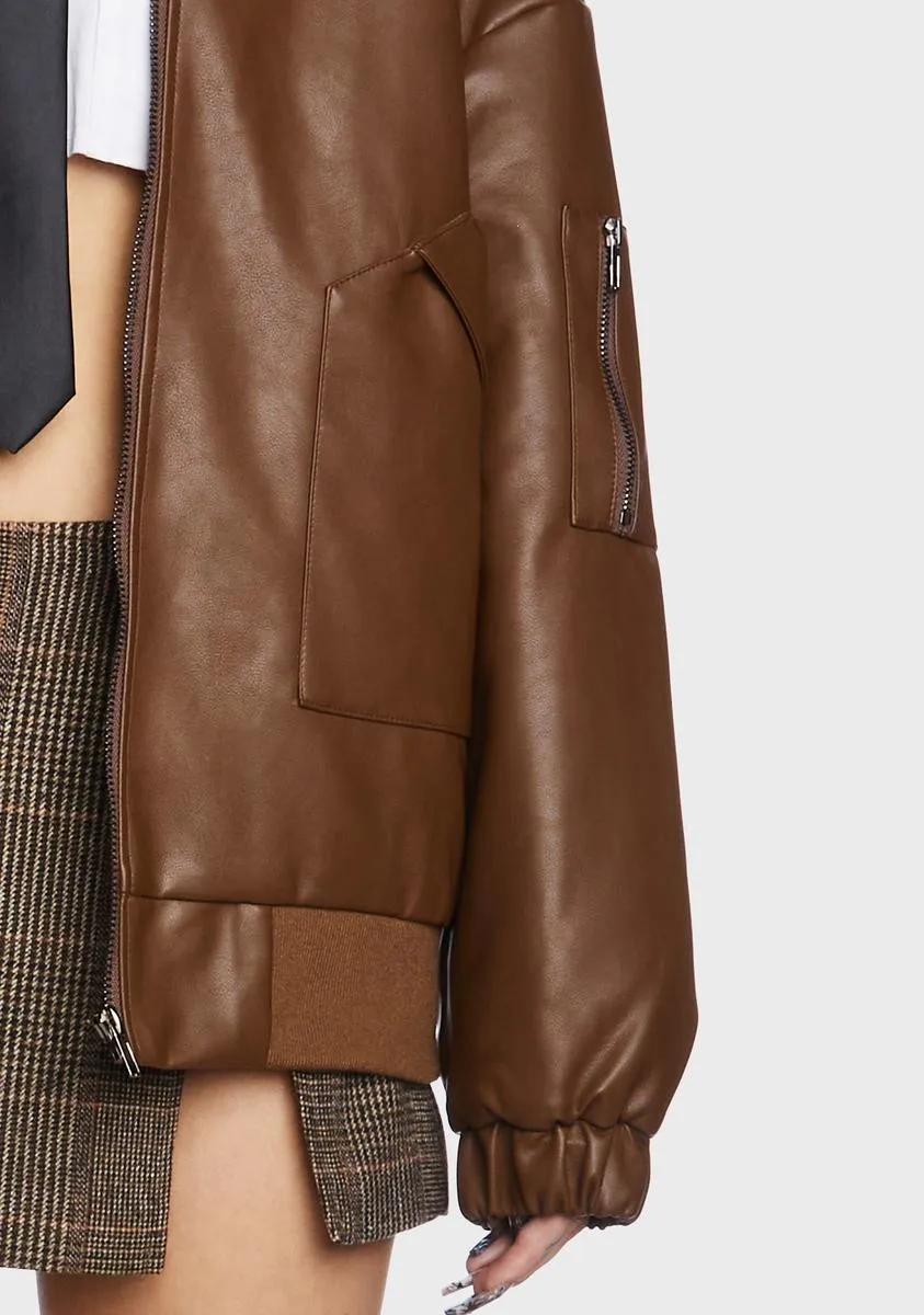 Faux Leather Oversized Bomber Jacket - Brown