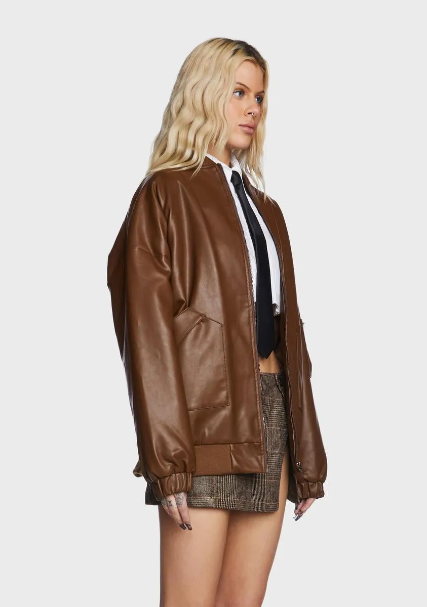 Faux Leather Oversized Bomber Jacket - Brown