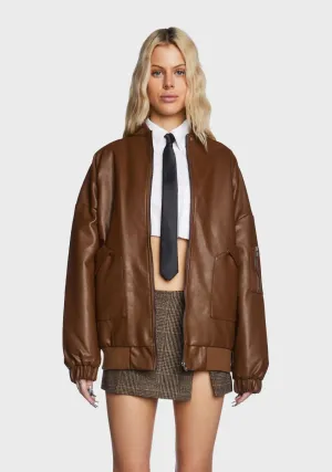 Faux Leather Oversized Bomber Jacket - Brown