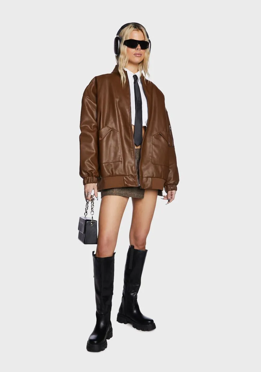 Faux Leather Oversized Bomber Jacket - Brown