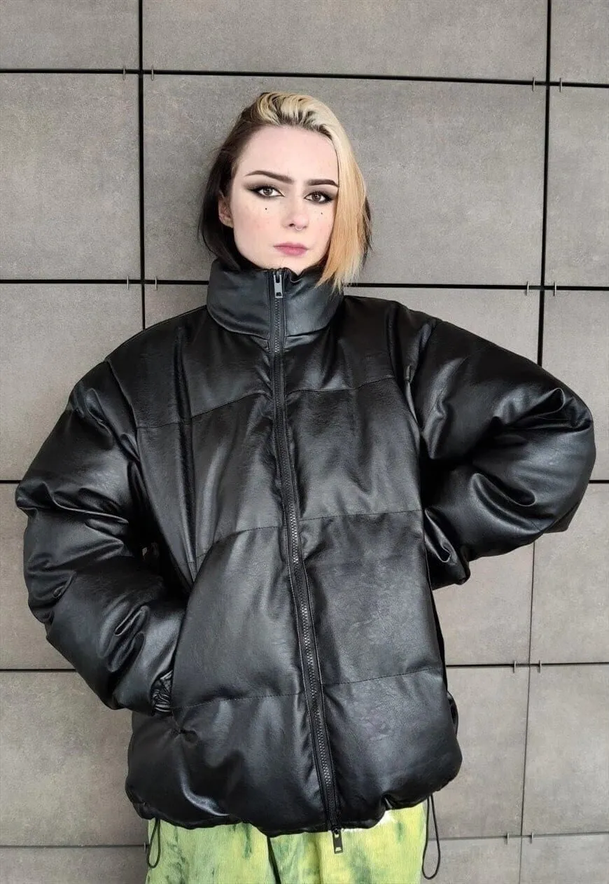 Faux leather quilted bomber padded puffer jacket in black