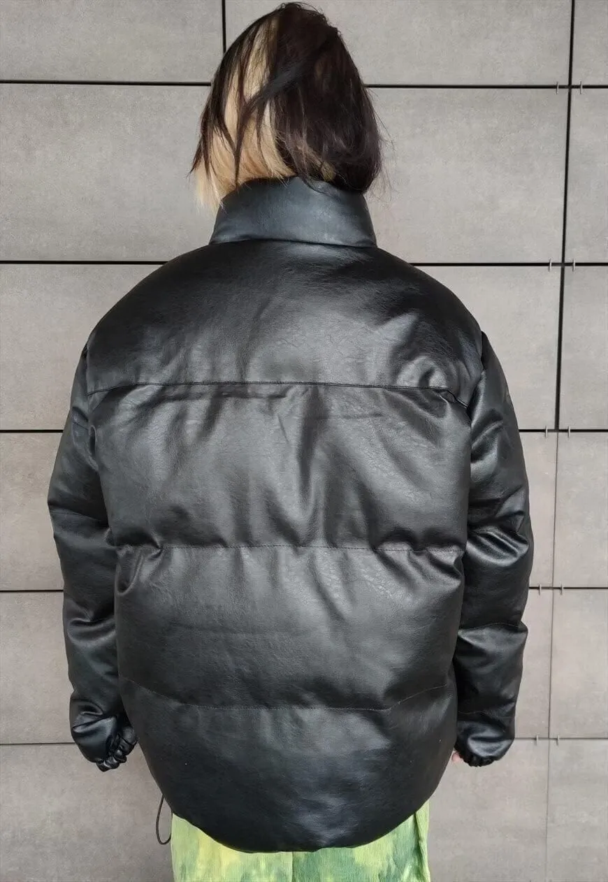 Faux leather quilted bomber padded puffer jacket in black