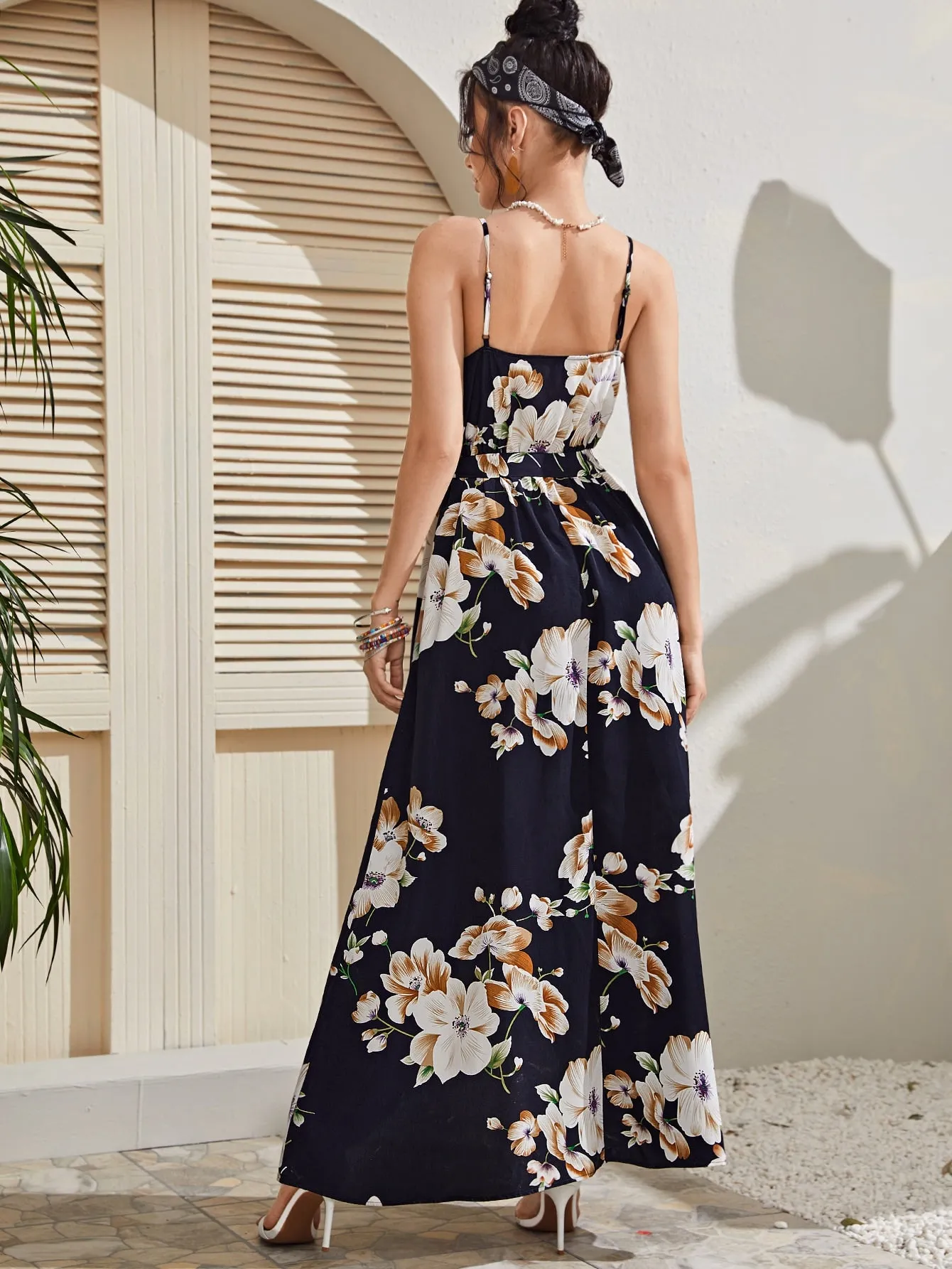 Floral High Low Sleeveless Spaghetti Strap Wrap Natural Maxi Dress