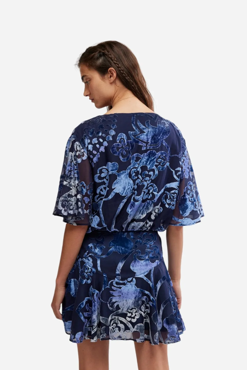 Free People Manuka Burnout Velvet Mini Dress in Navy Combo