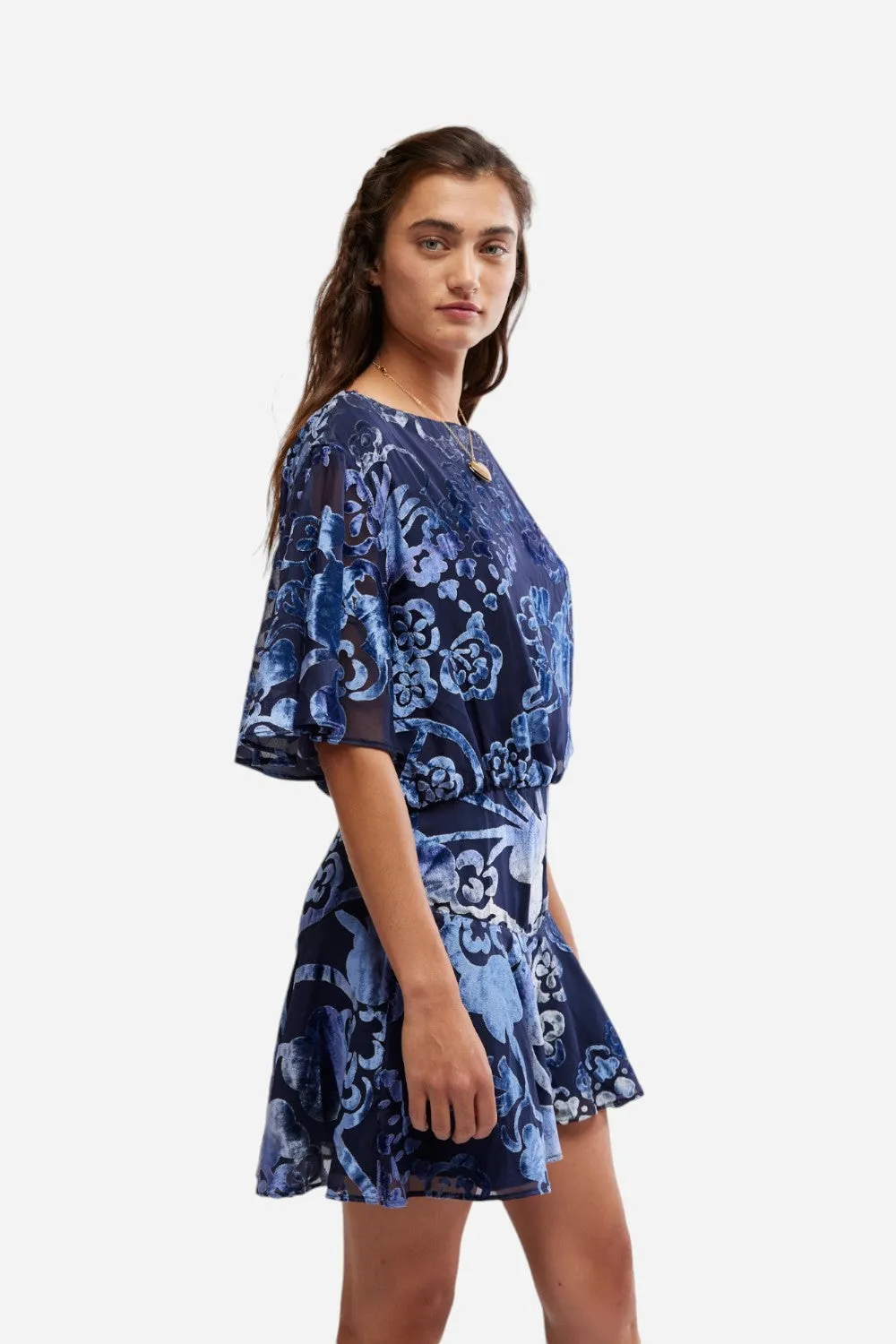 Free People Manuka Burnout Velvet Mini Dress in Navy Combo