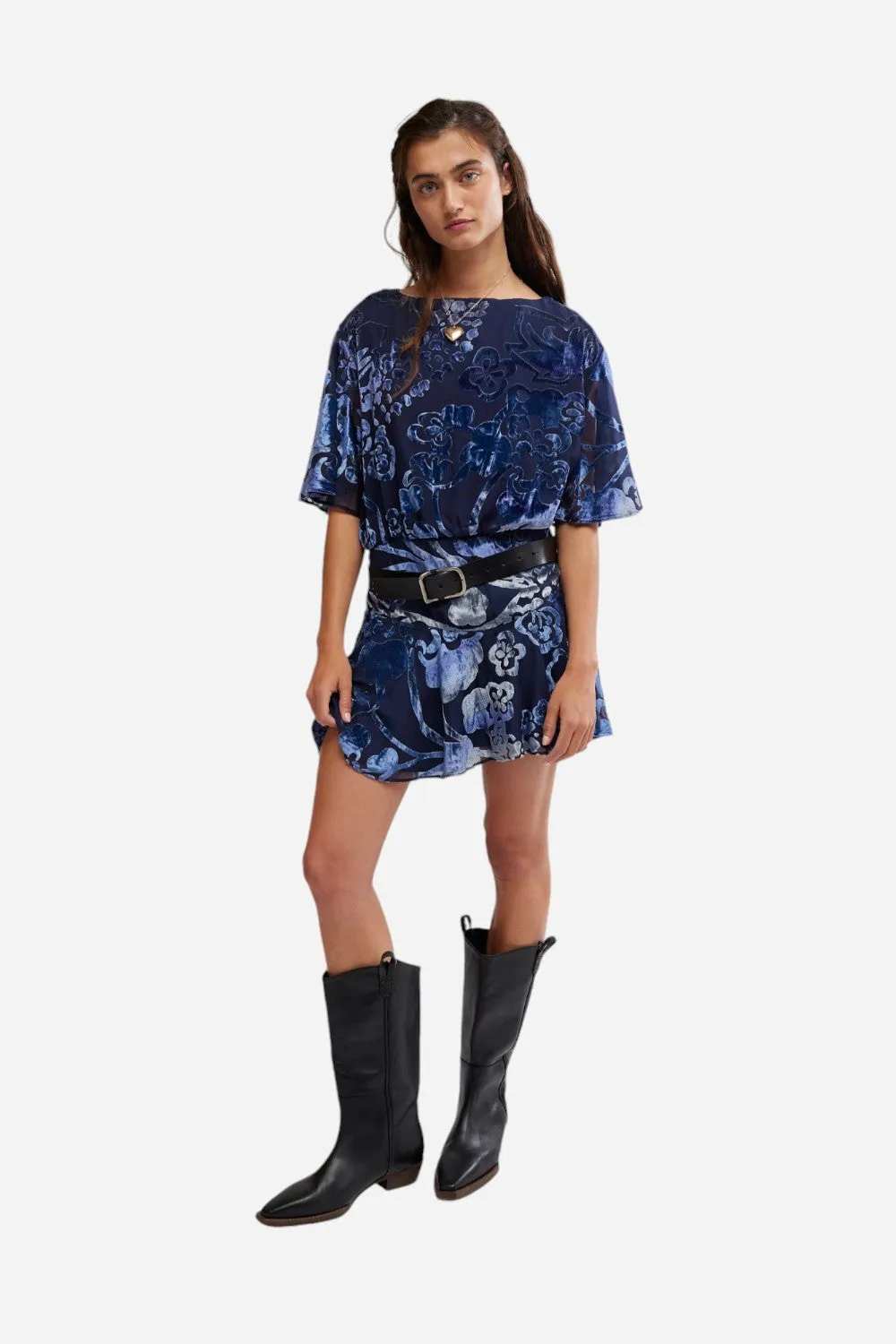 Free People Manuka Burnout Velvet Mini Dress in Navy Combo