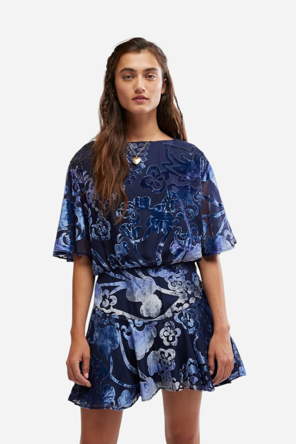 Free People Manuka Burnout Velvet Mini Dress in Navy Combo