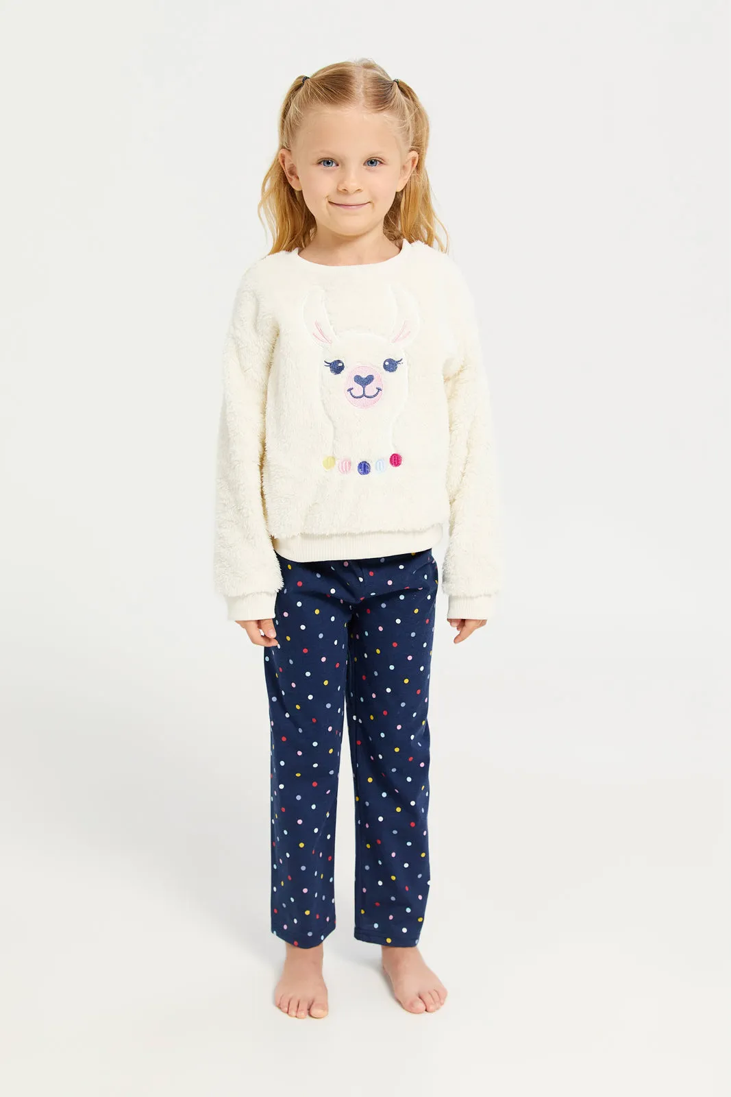 Girls Blue And White Llama Printed  knitted Pyjama Set (2 Piece)