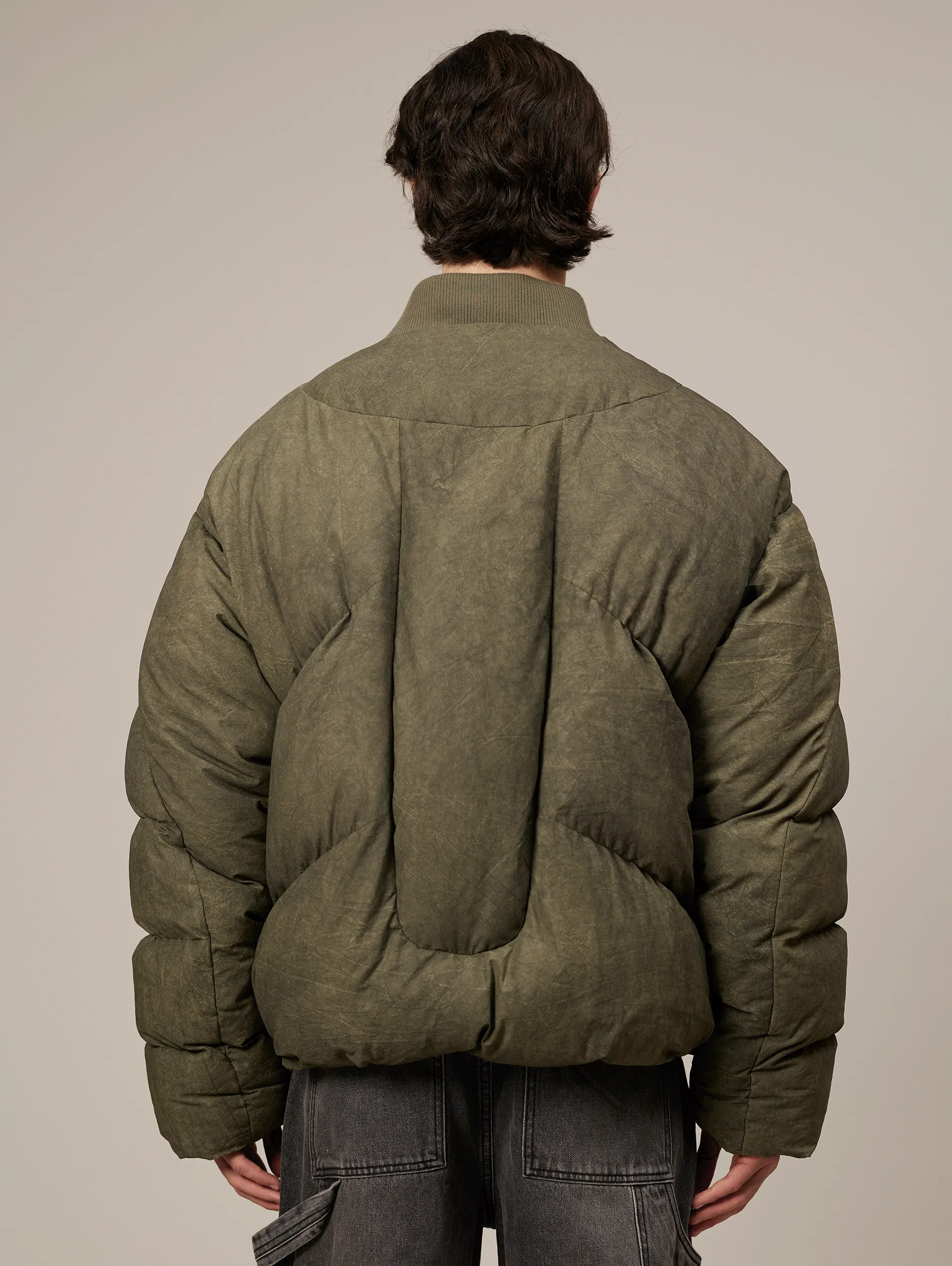 GREEN WASHED BOMBER PUFFER JACKET