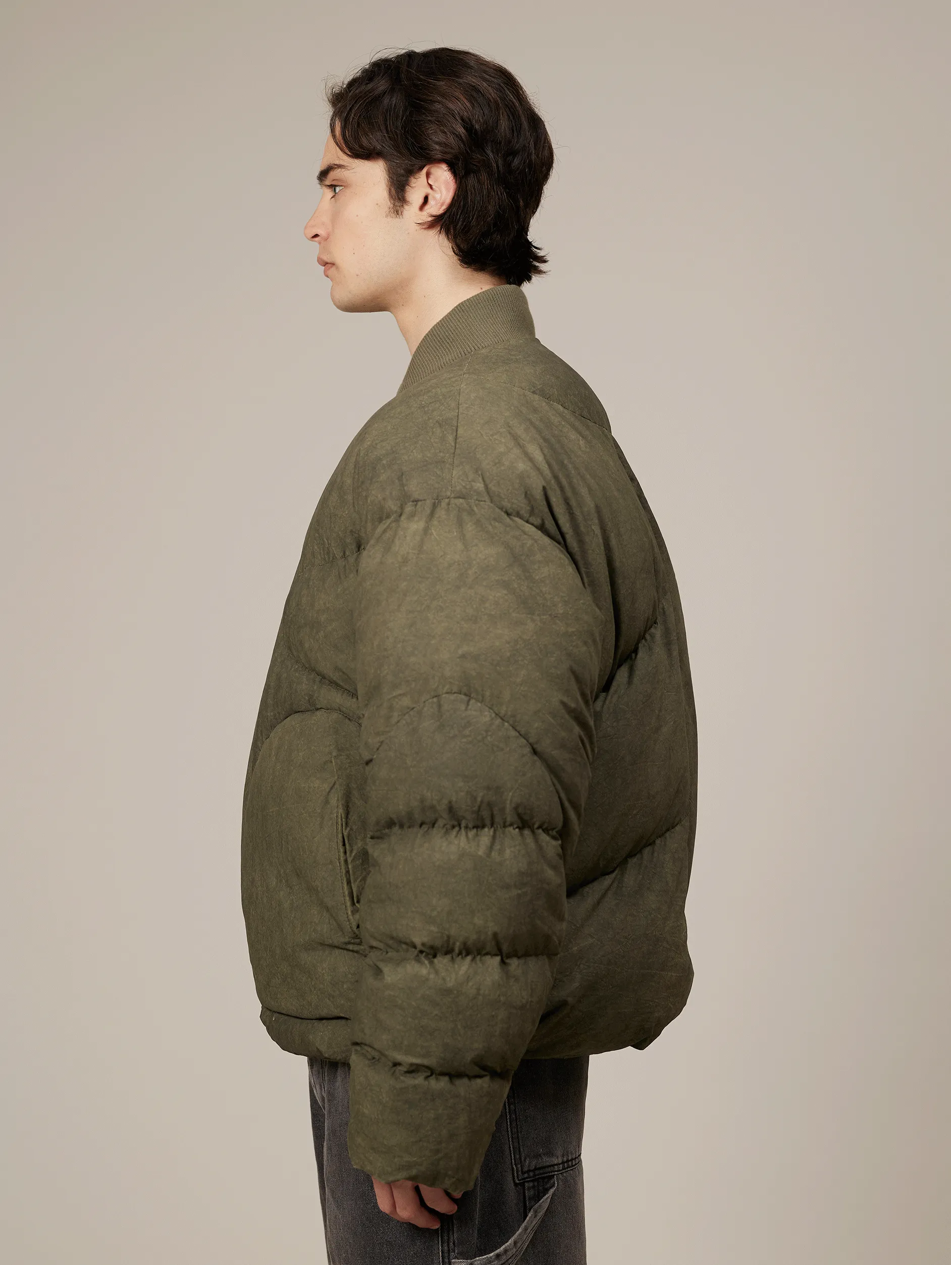 GREEN WASHED BOMBER PUFFER JACKET