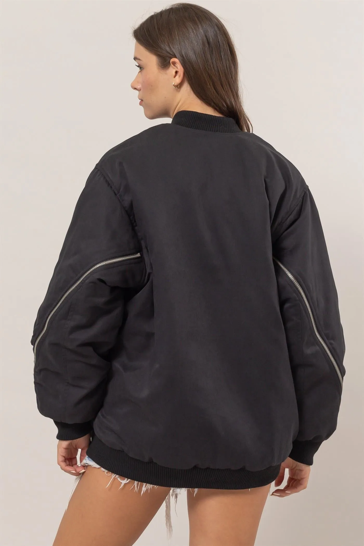 HF25A945-Zipper Detail Puffer Bomber Jacket