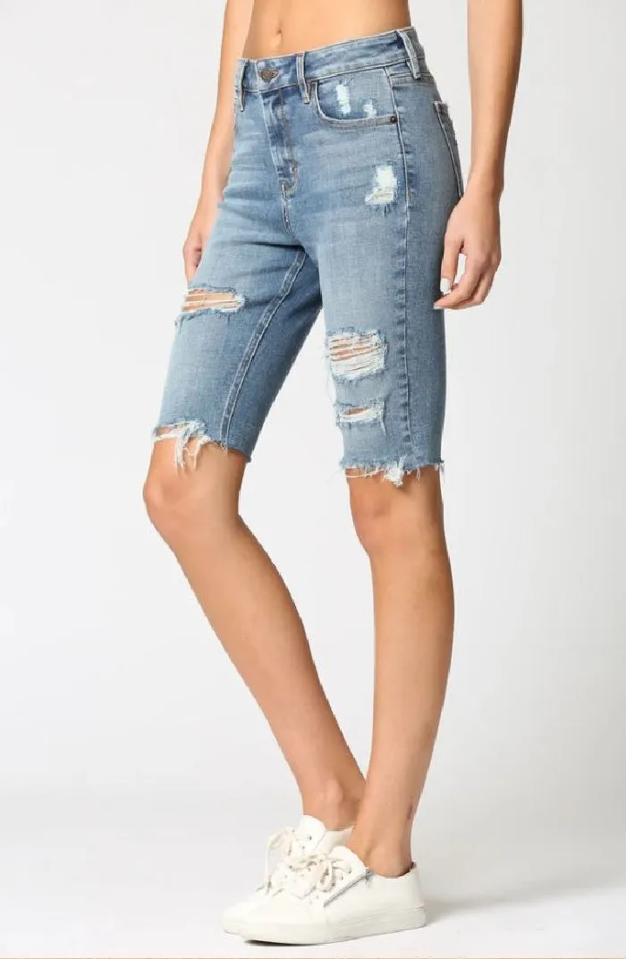 Hidden Denim High-Rise Distressed Bermuda Short | Medium-Light Wash