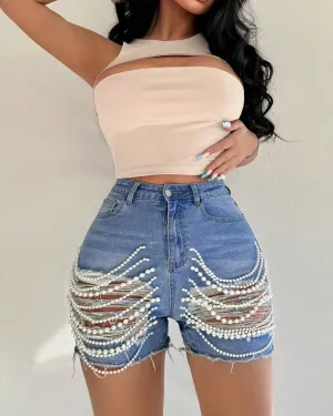 High Waist Handmade Bead Chain Ripped Denim Shorts