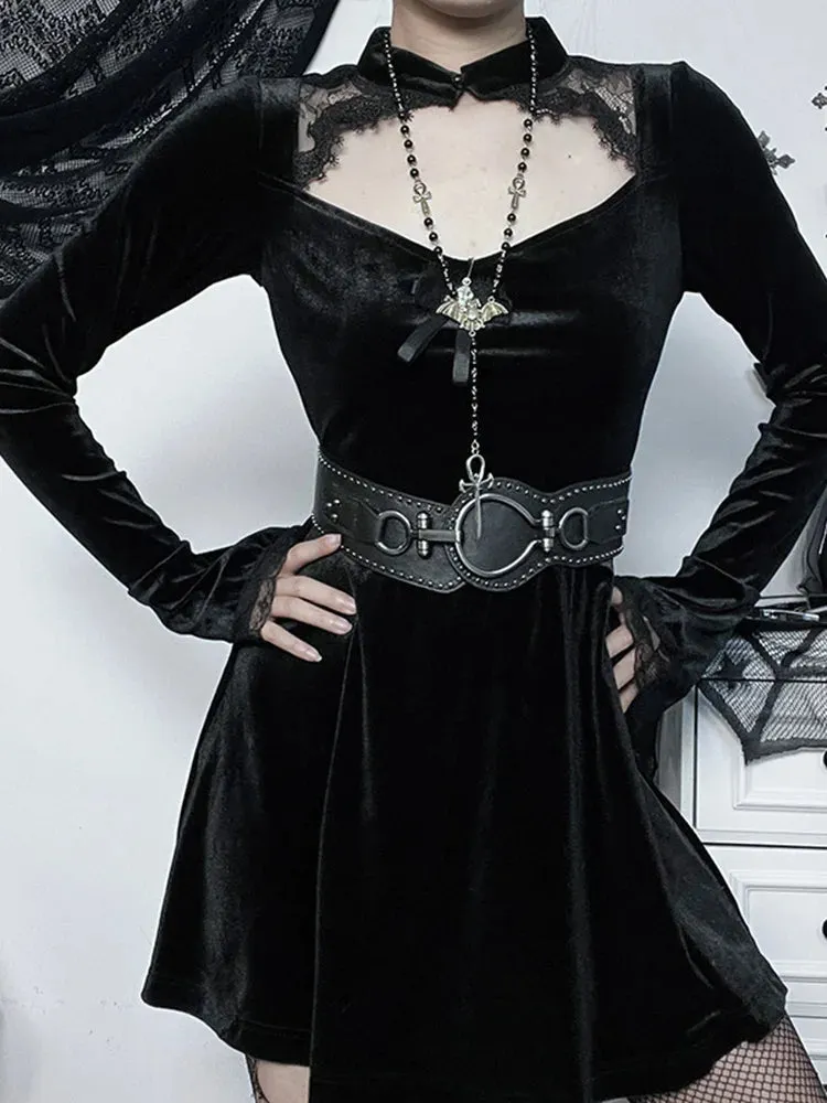 InsGoth Goth Women's Solid Long Sleeve High Waist A Line Flowy Velvet Hollow Out Lace Emo Gothic Dress