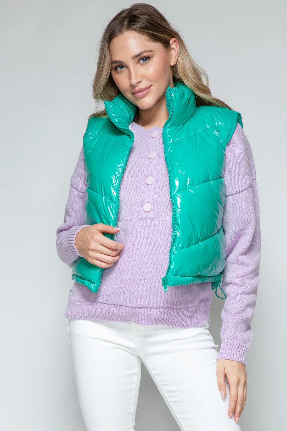 KESLEY Shiny Zip Up Turtleneck Shiny Quilted Vest Sleeveless Puffy jacket