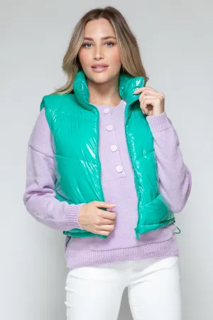 KESLEY Shiny Zip Up Turtleneck Shiny Quilted Vest Sleeveless Puffy jacket