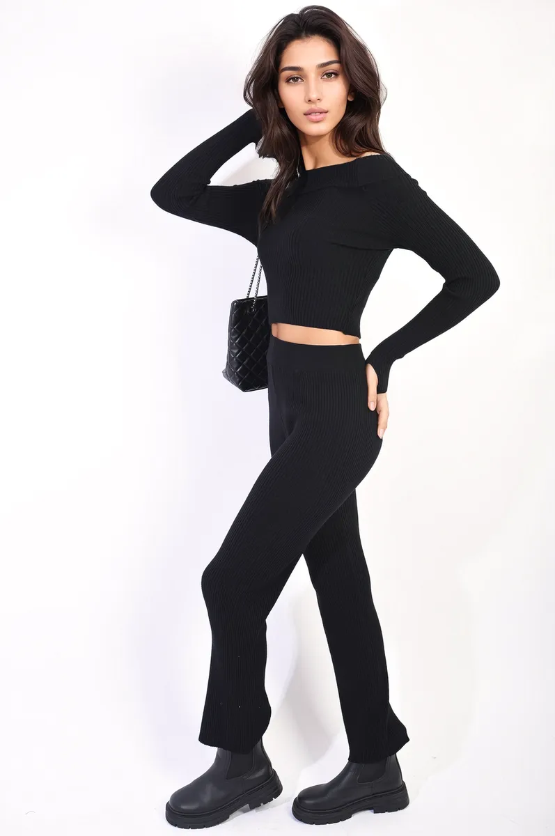 Knitted Long Sleeves Cropped Off Shoulder Top And Trousers Co-ord Set