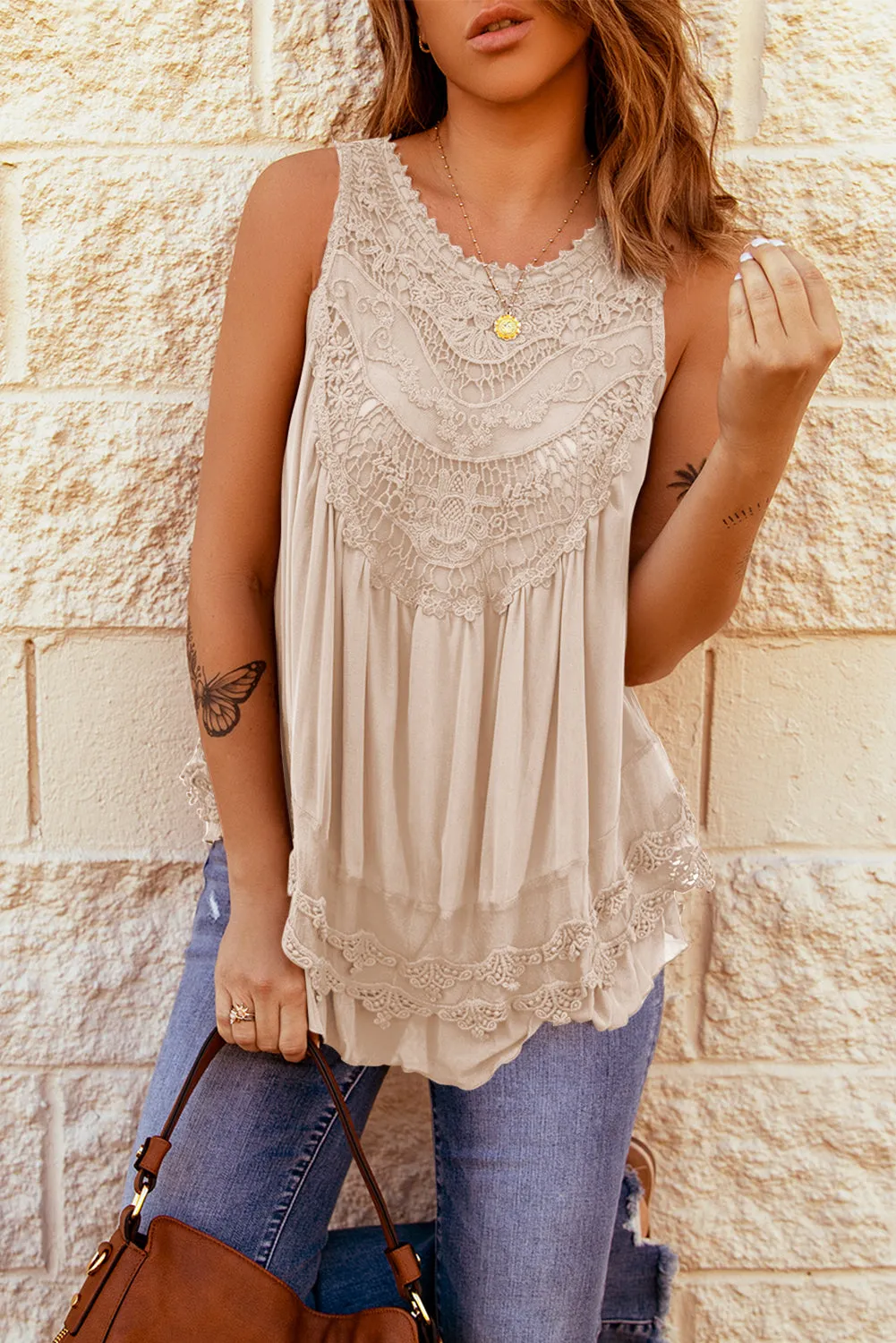 Lace Detail Buttons Back Sleeveless Top