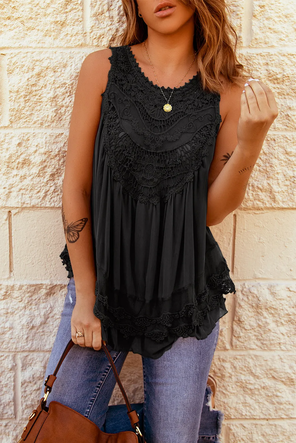 Lace Detail Buttons Back Sleeveless Top