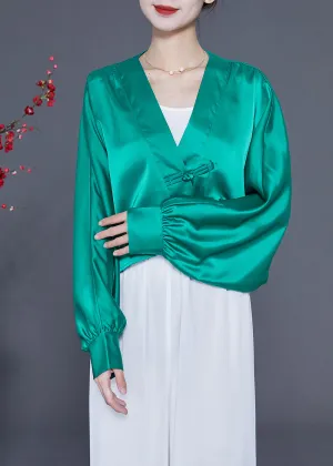 Lake Green Oversized Silk Blouses V Neck Chinese Button Spring LY2333