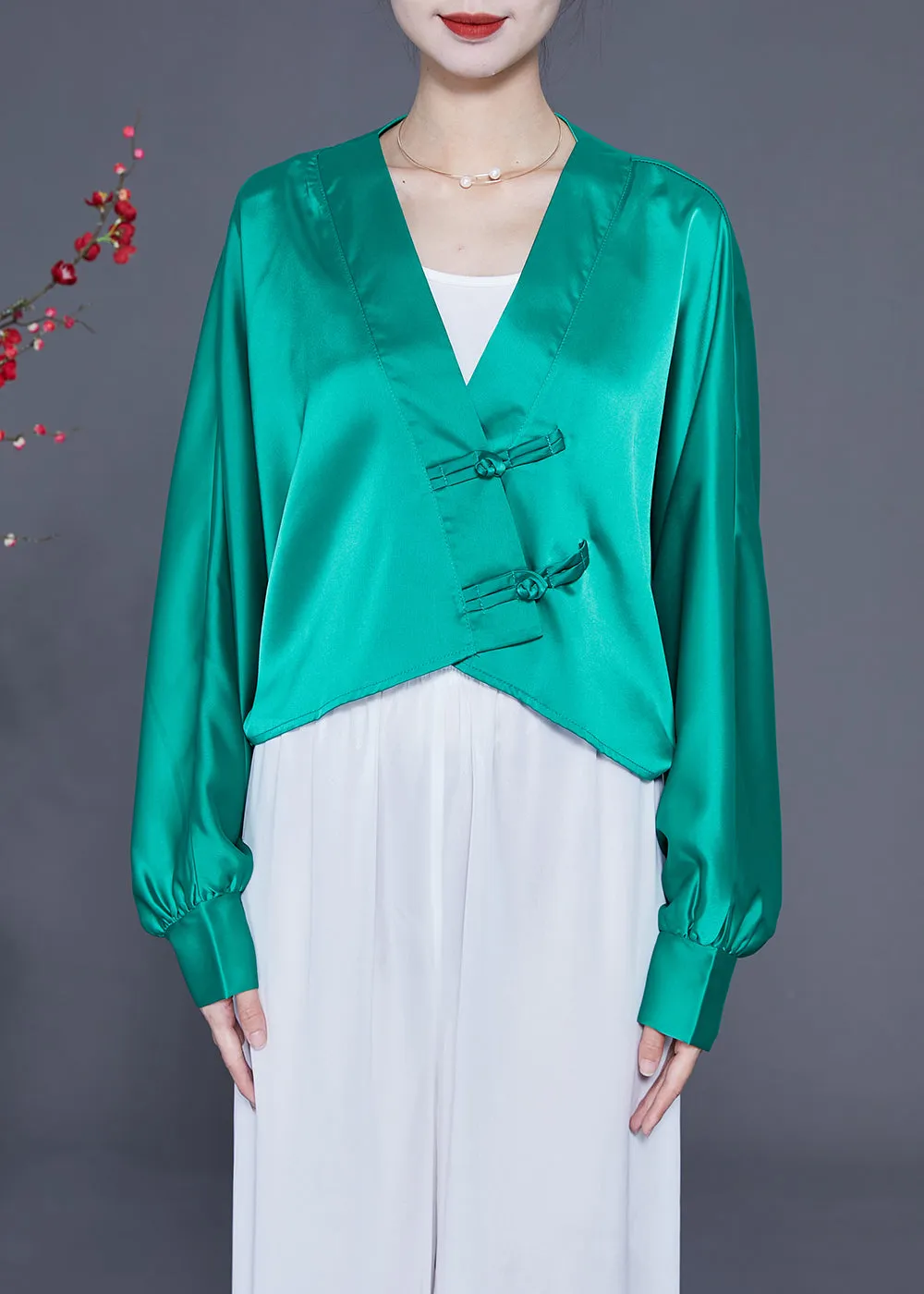 Lake Green Oversized Silk Blouses V Neck Chinese Button Spring LY2333