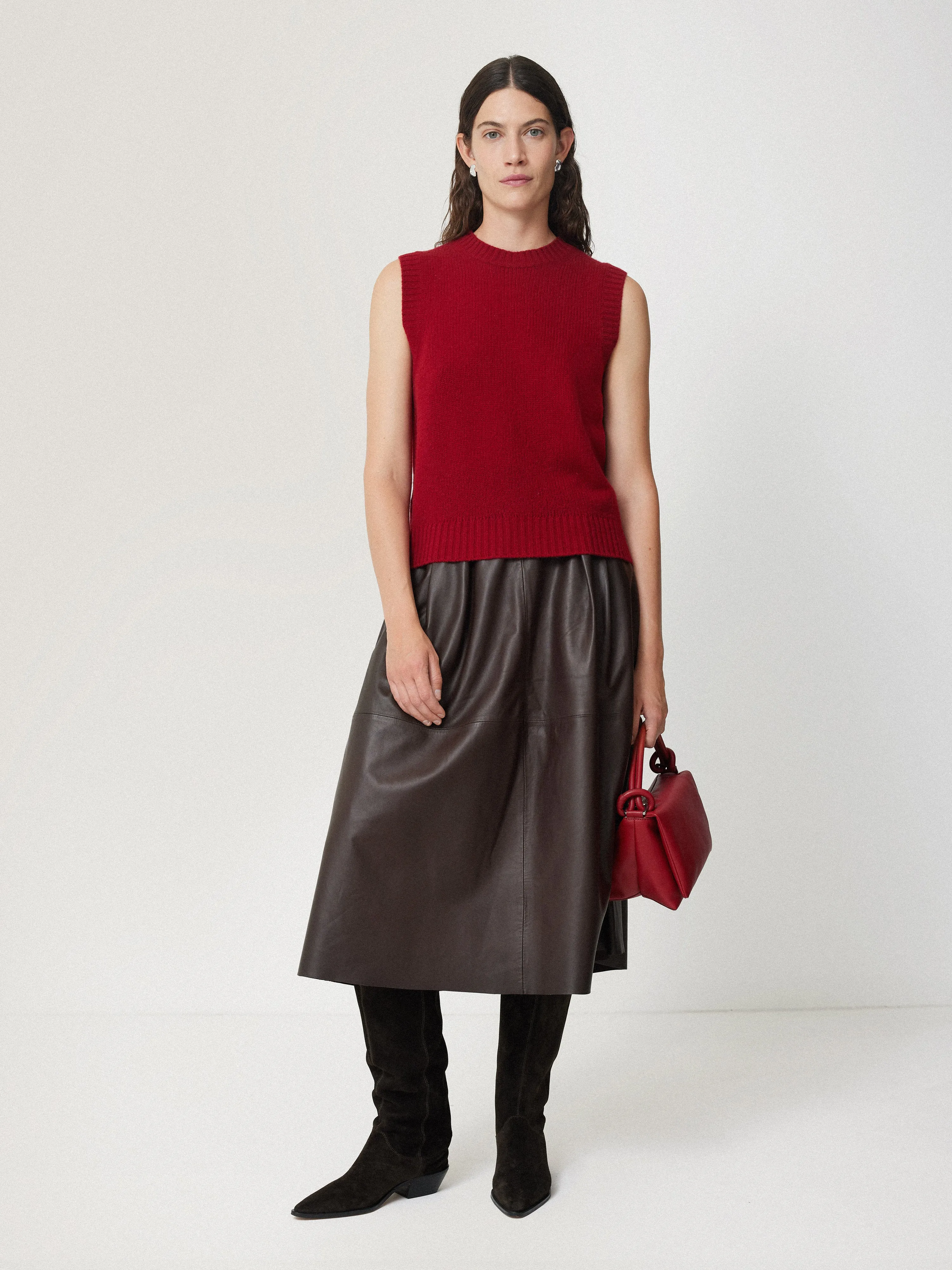 Leather Pleat Midi Skirt | Brown