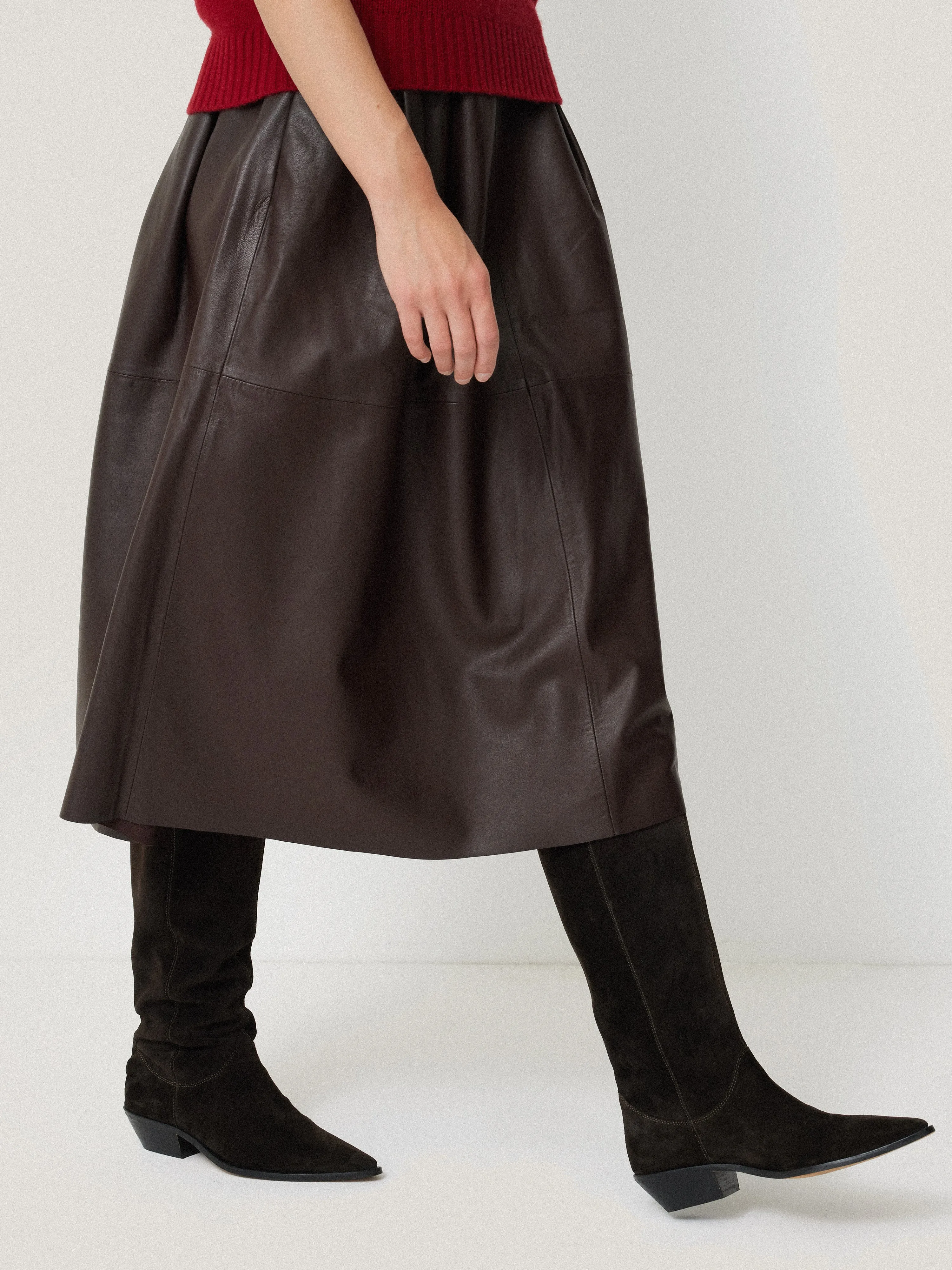 Leather Pleat Midi Skirt | Brown