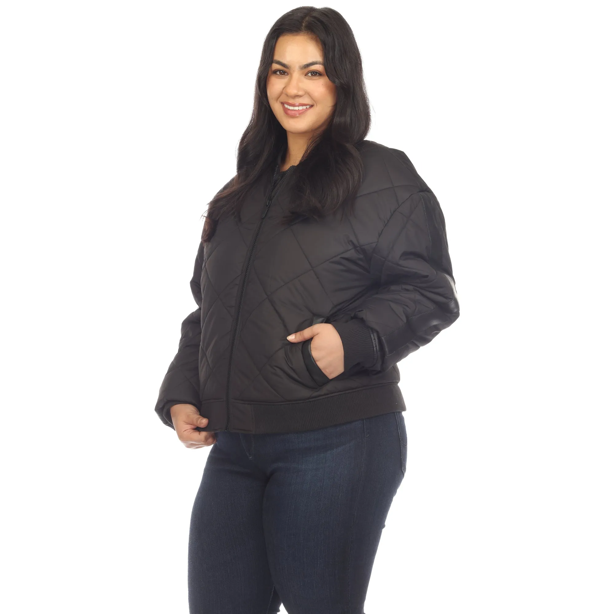 Lightweight Diamond Quilted Puffer Bomber Jacket - Plus