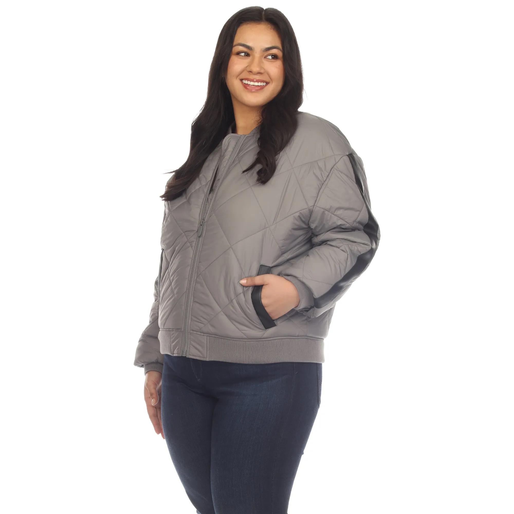 Lightweight Diamond Quilted Puffer Bomber Jacket - Plus