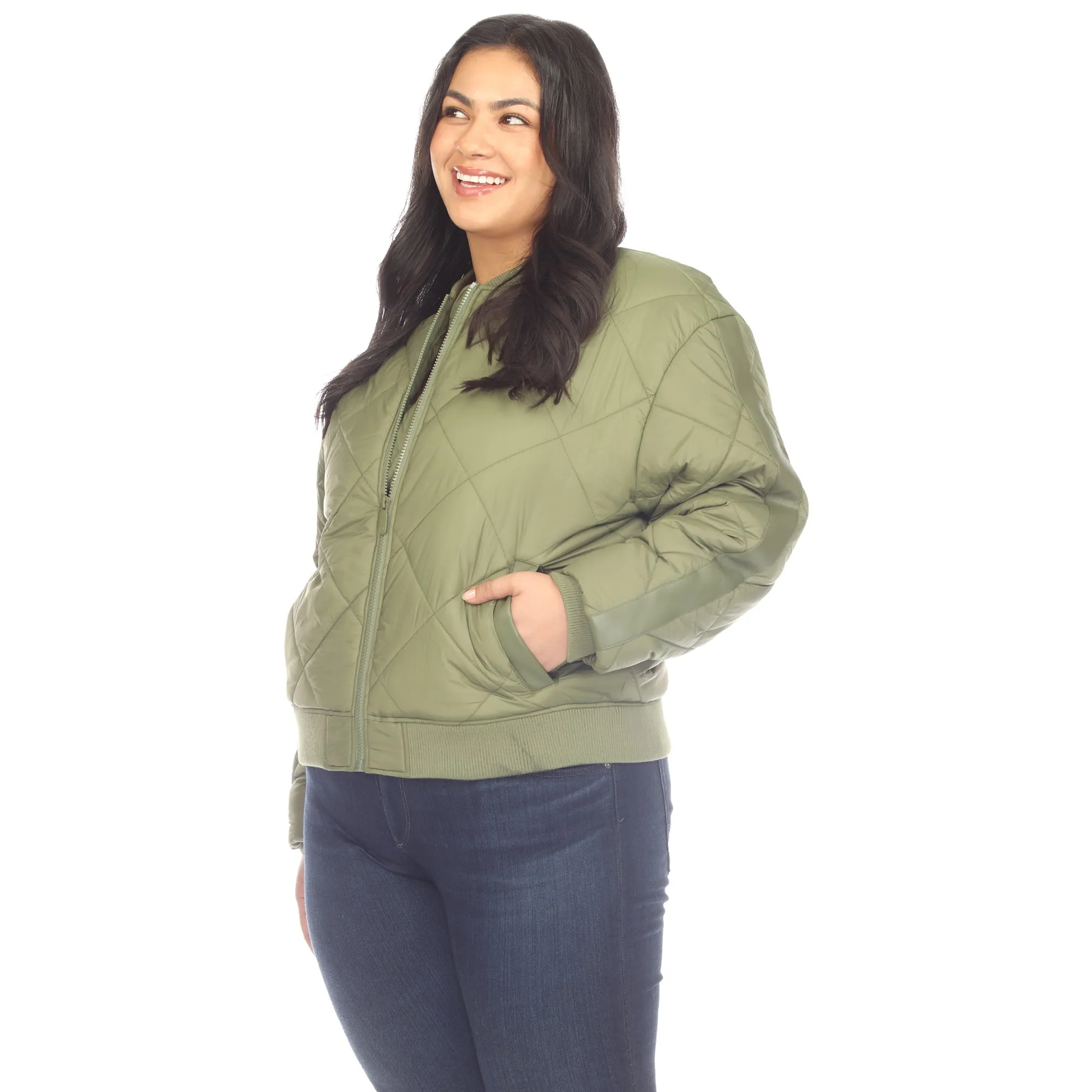 Lightweight Diamond Quilted Puffer Bomber Jacket - Plus